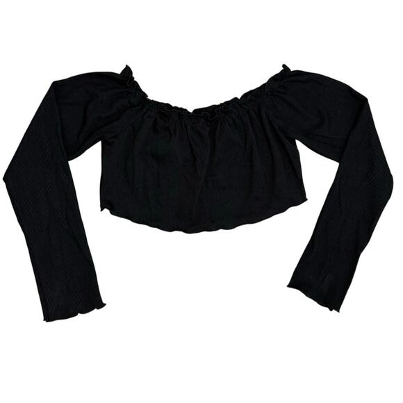 Nasty Gal Long Sleeve Crop Top Black Size Medium (8) Ribbed Ruffle Hem Stretch - Picture 2 of 10